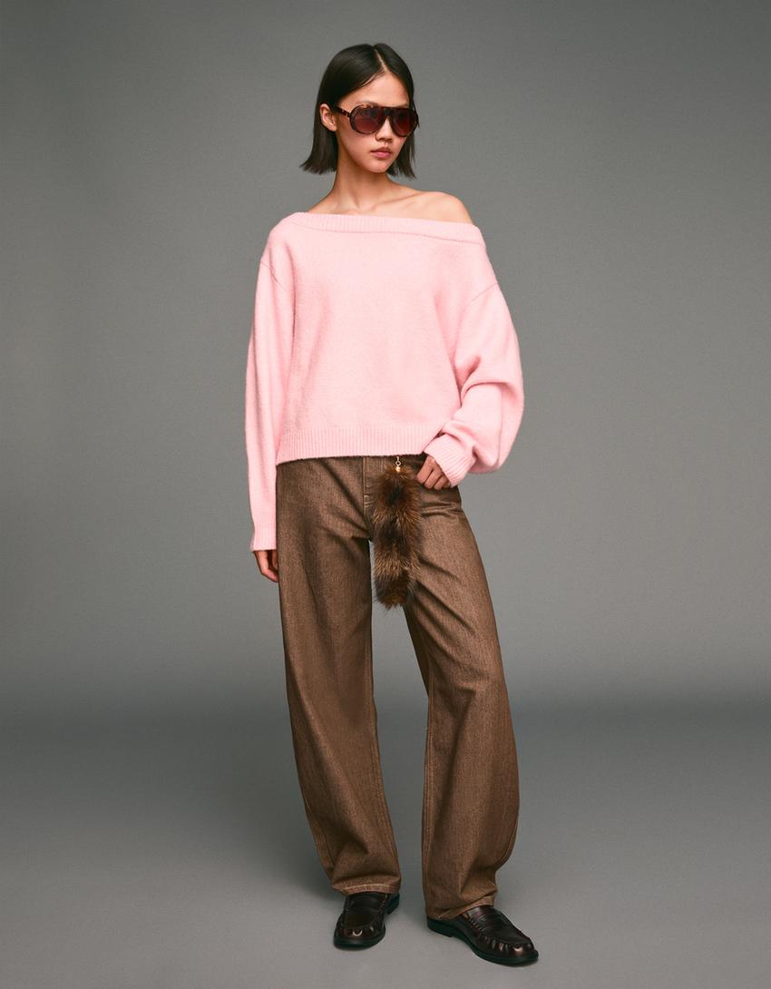 Camisola com nervuras e decote bardot-Rosa