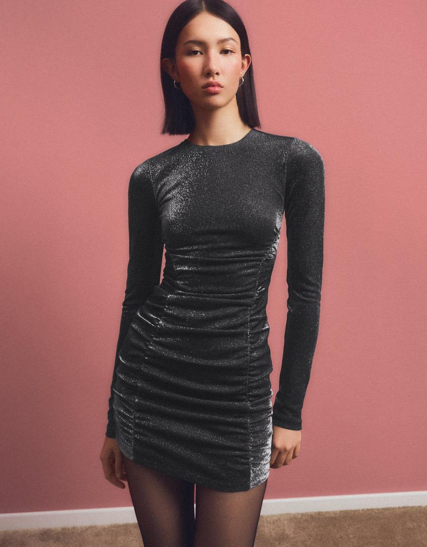 Shimmery ruched long sleeve mini dress-Silver
