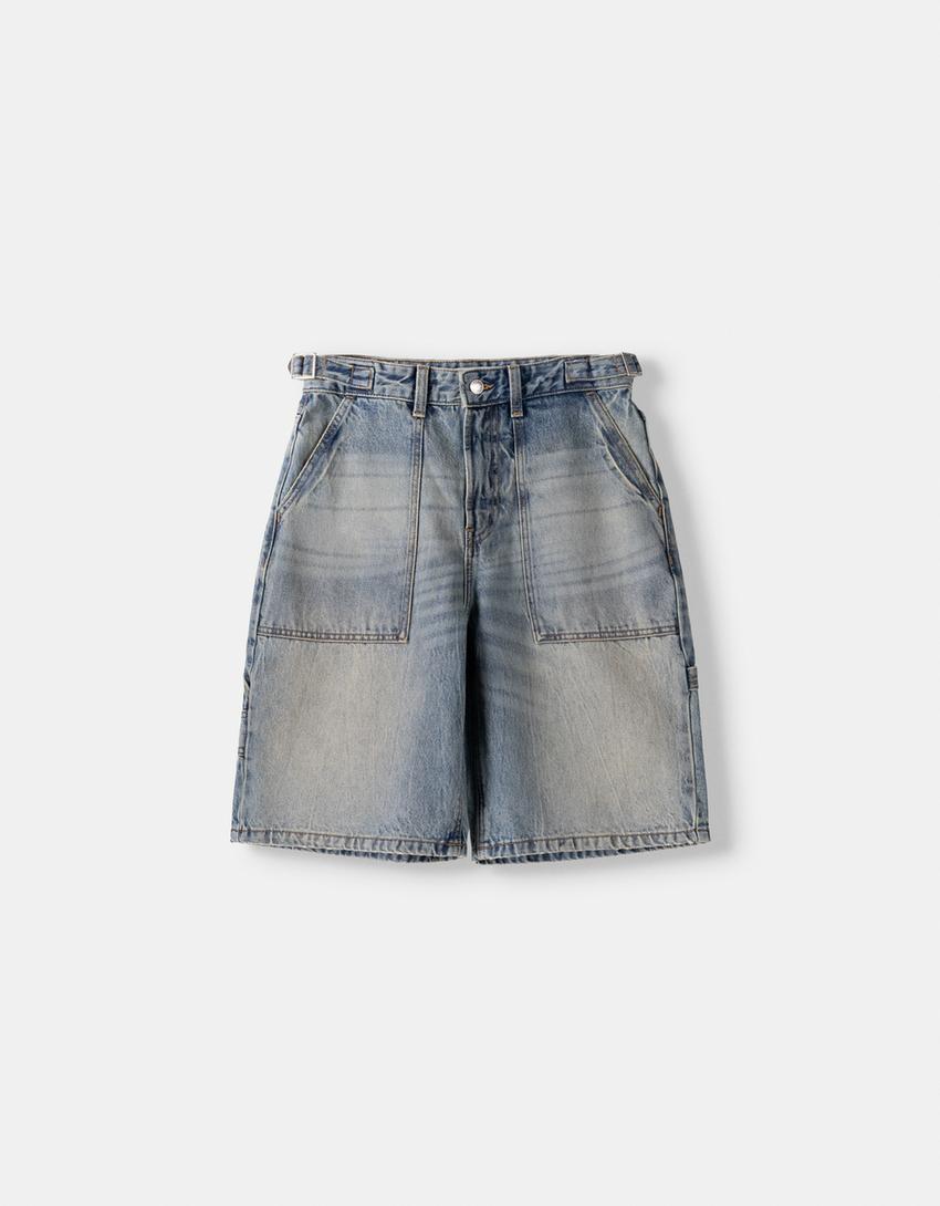 Бермуди от деним с широк крачол и кройка тип балон-Синьо с избелял ефект-5