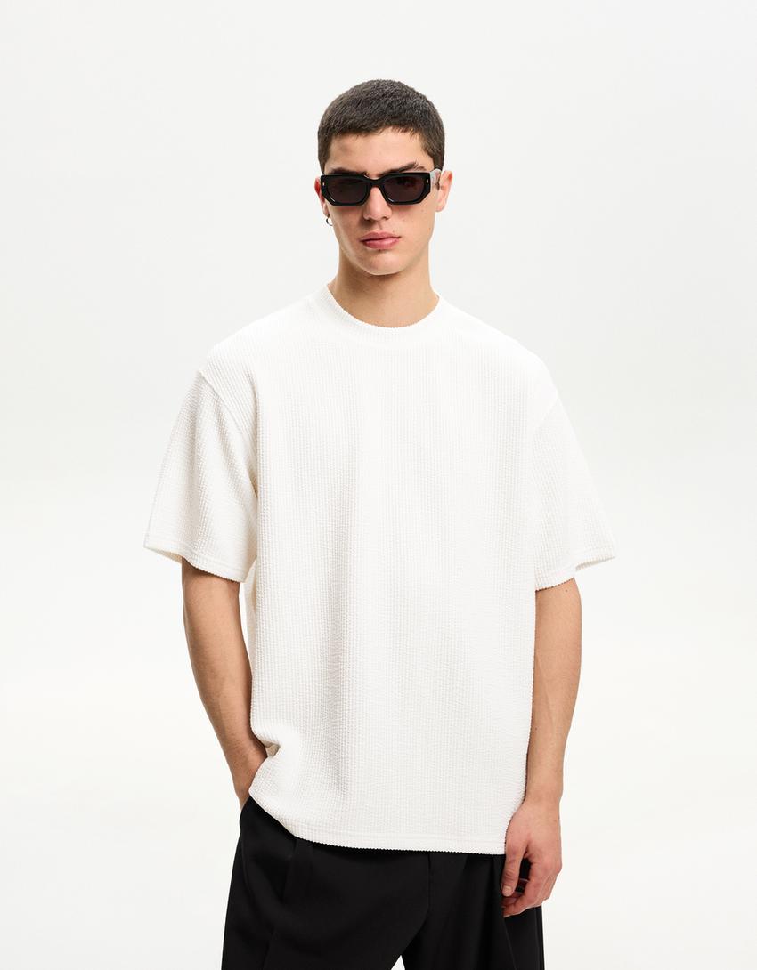 T-shirt manches courtes seersucker-Blanc cassé