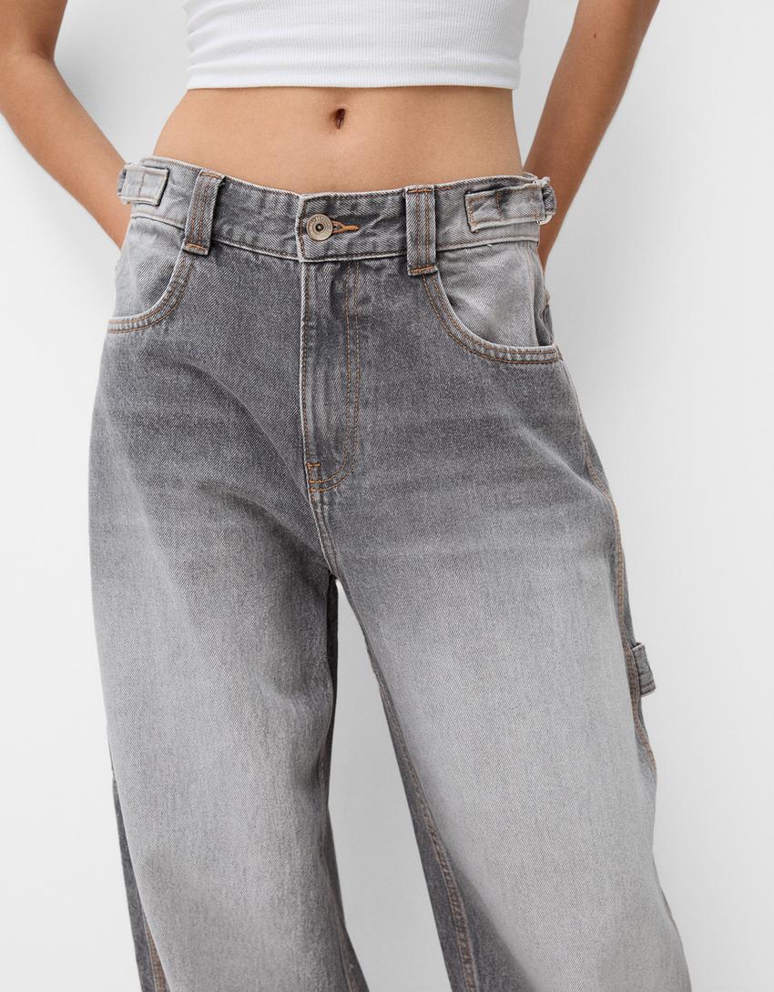 Jeans wide leg balloon carpinteiro-Cinza-3