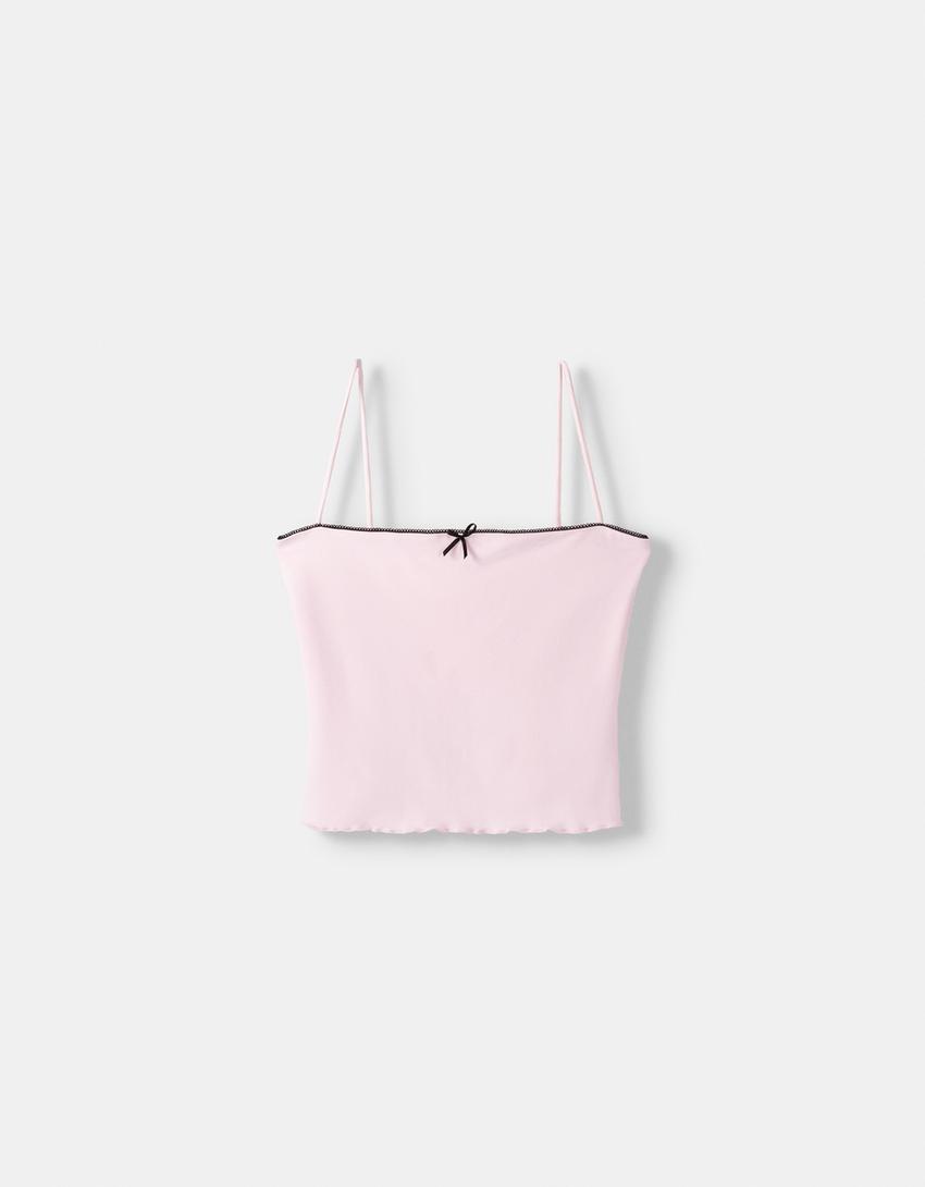 Top con spalline, dettaglio fiocco e stampa animalier-Rosa-4