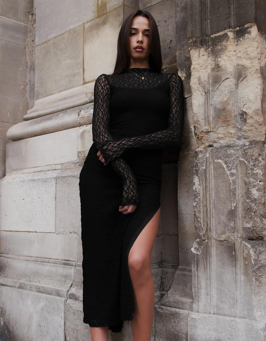 Blonde lace long-sleeve midi dress-Black