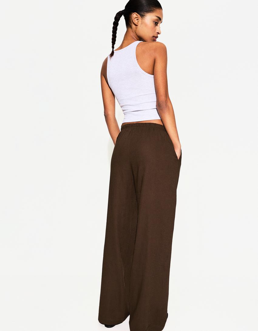 Linen blend trousers with an elasticated waistband-Brown-1