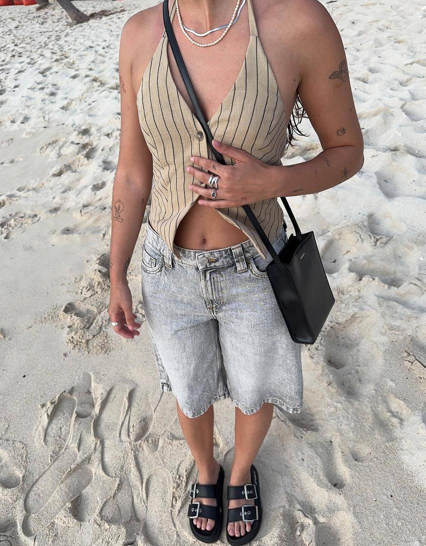 Baggy denim shorts-Grey-2