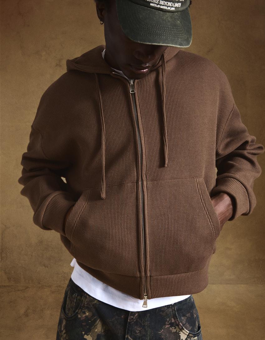Sudadera cremallera waffle-Marrón