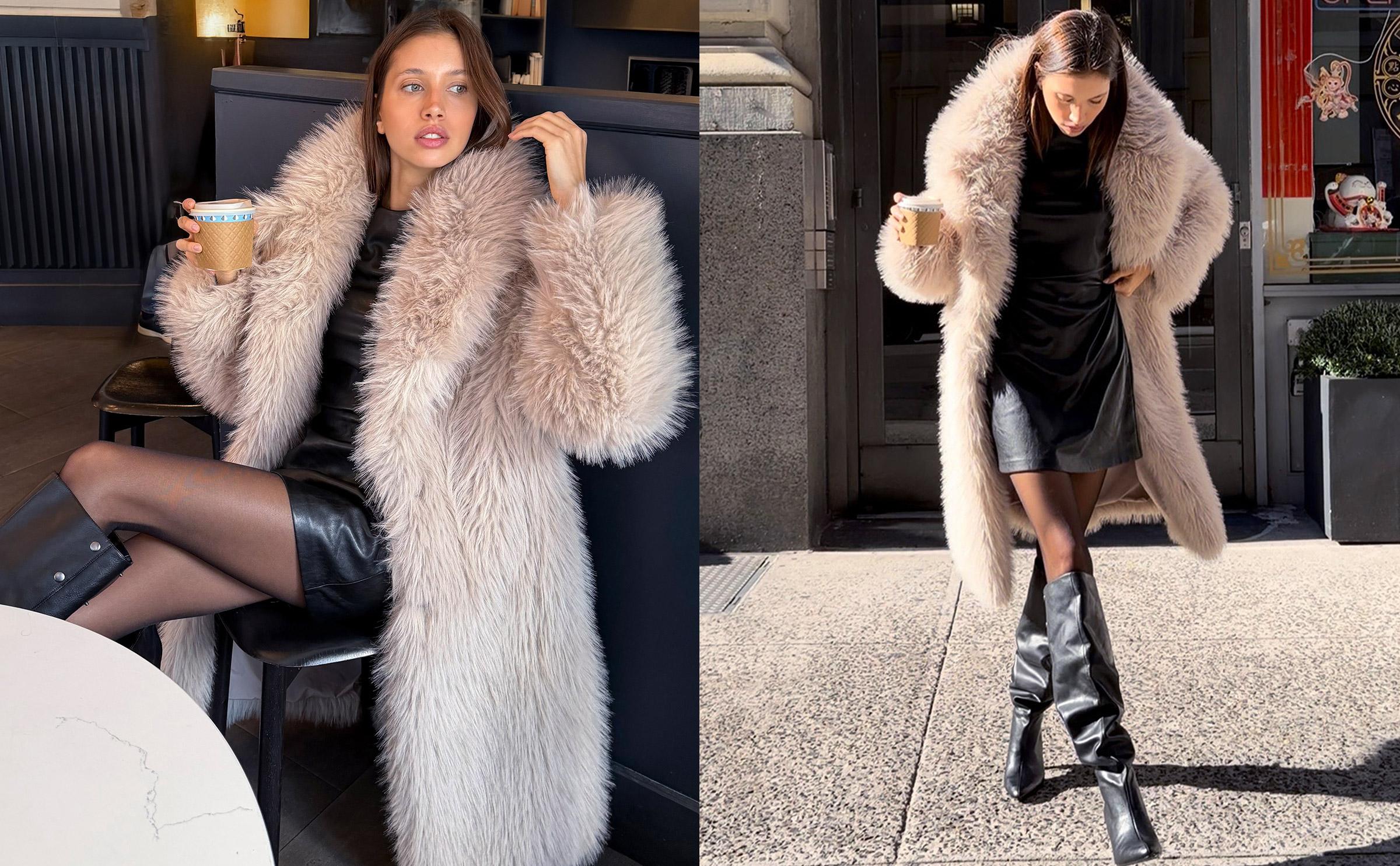 Long faux fur coat — Sand