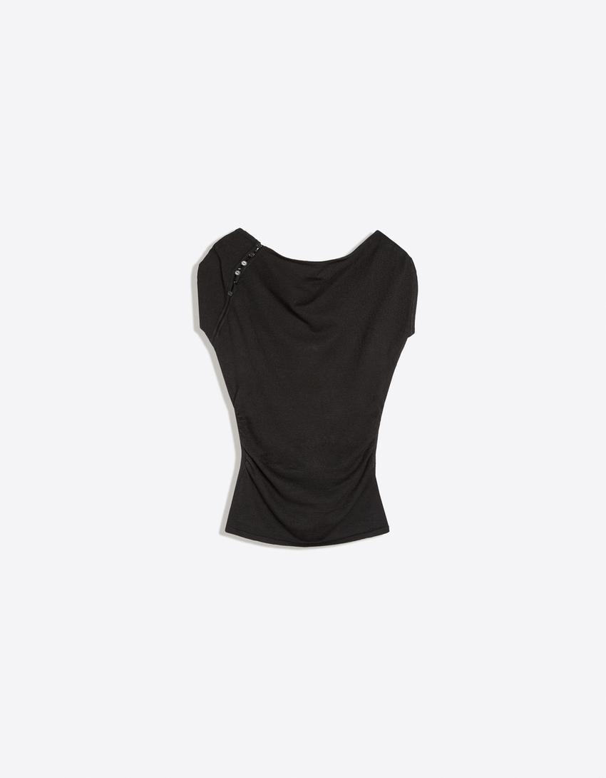 Short sleeve button sweater-Black