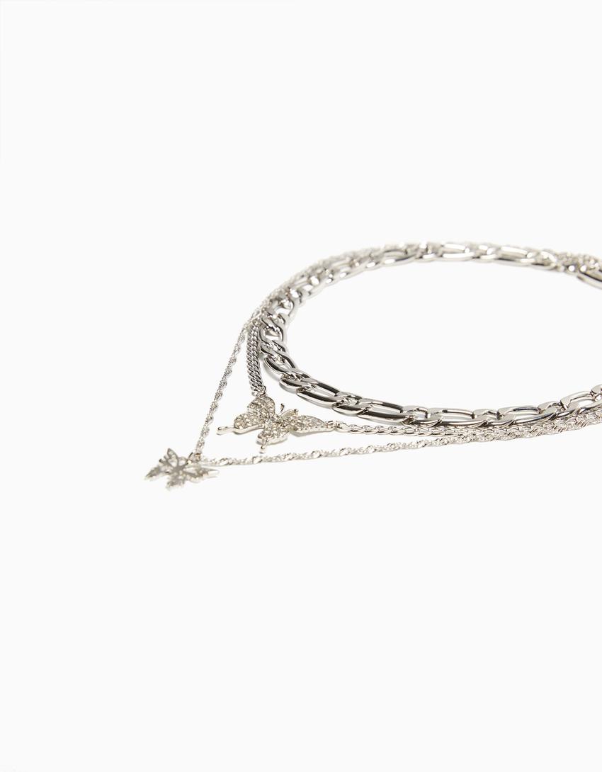 3-pack of chain rhinestone butterfly necklaces-Silver