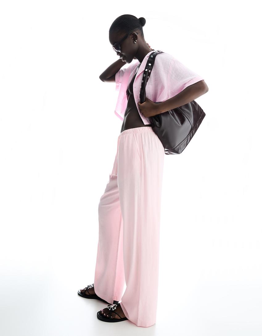 Pantaloni misto lino con elastico in vita-Rosa-0