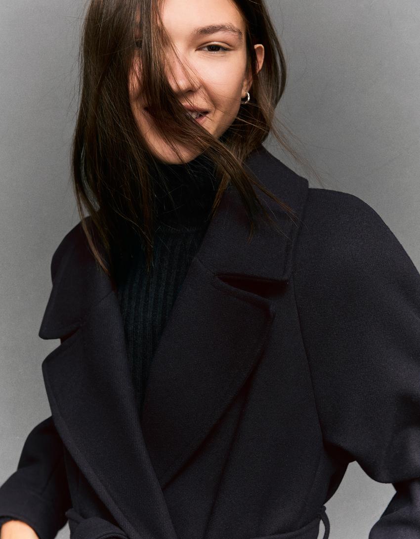 Oversize wool blend coat with belt-Navy