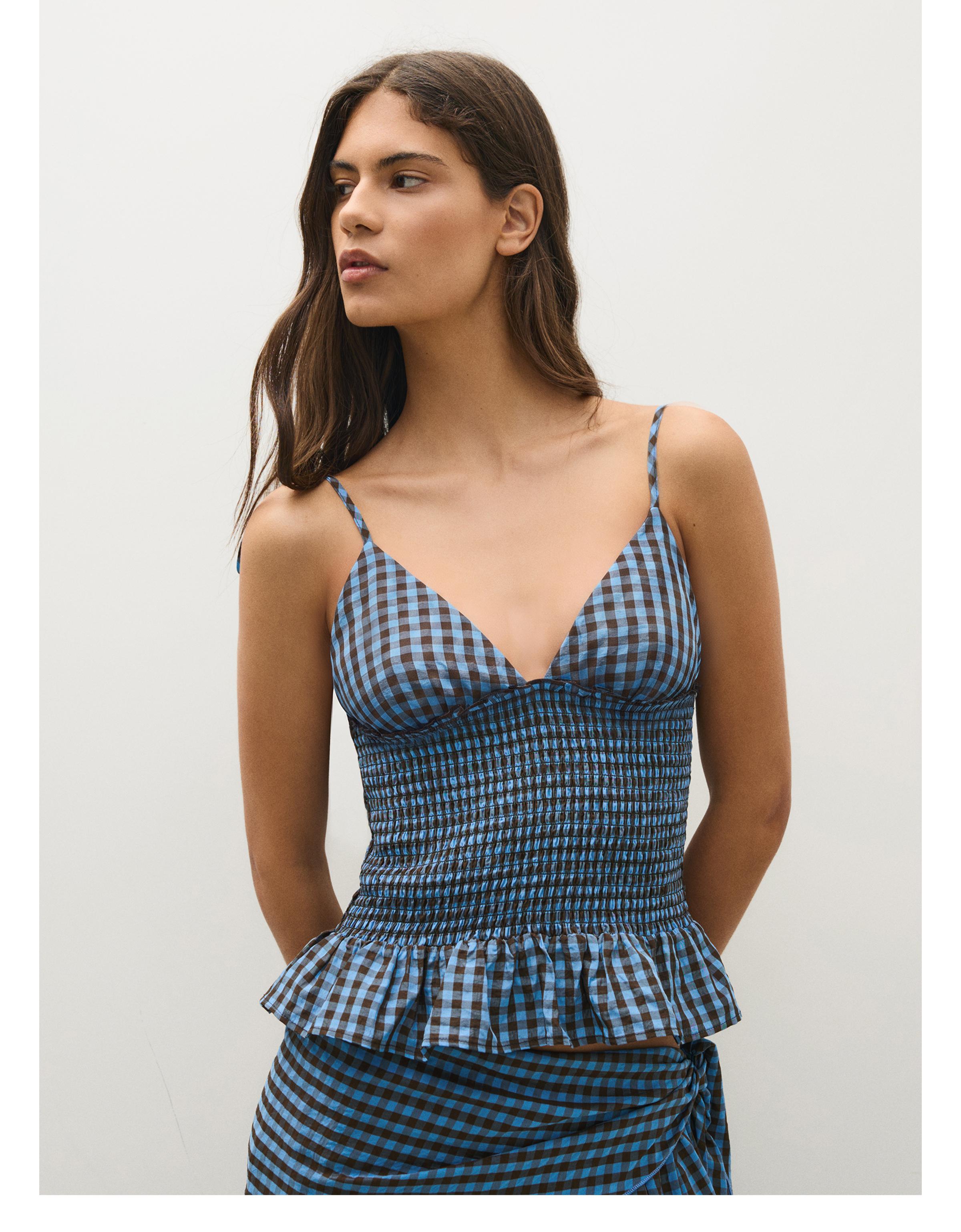 Smocked check strappy top — Blue