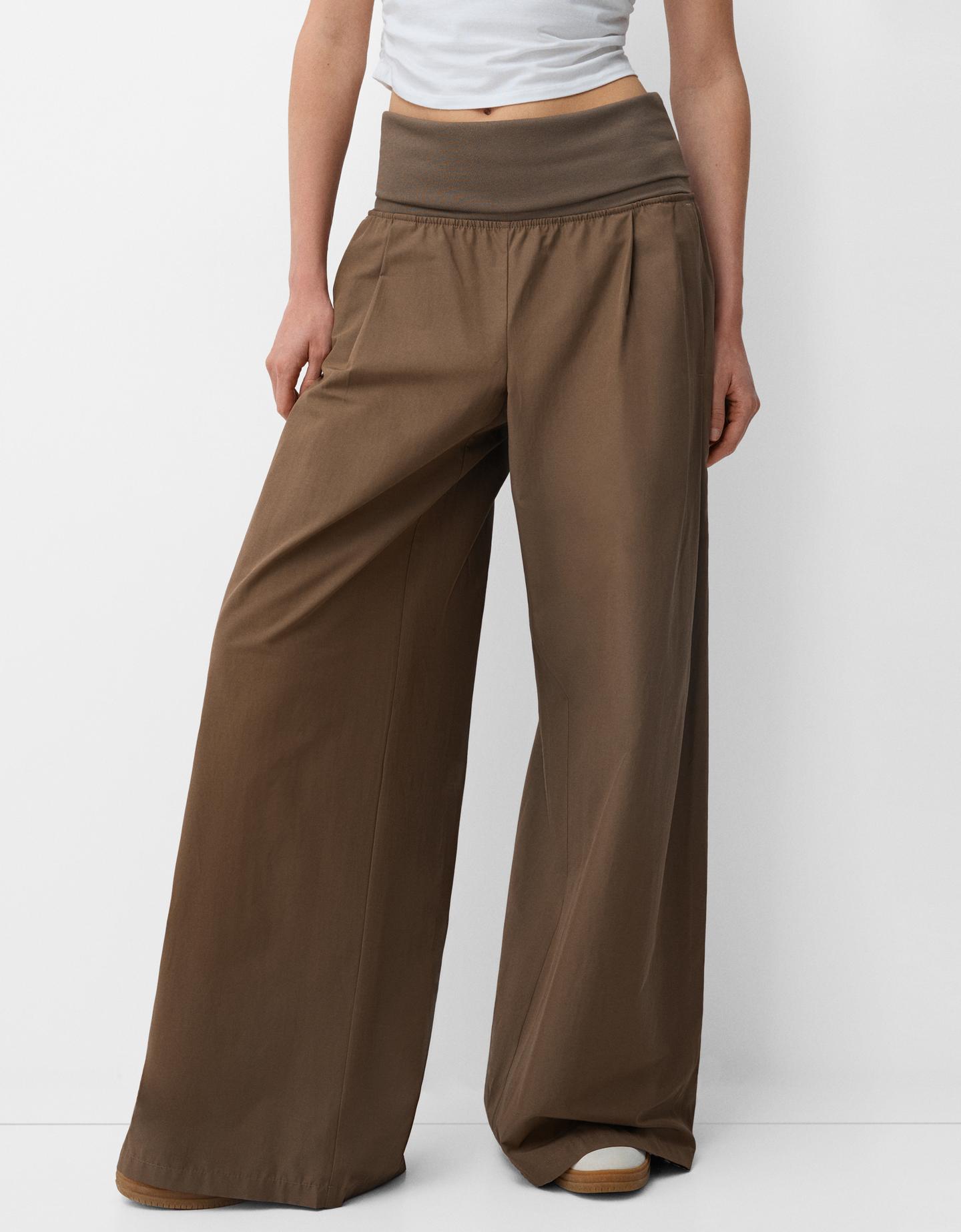 Bershka Pantaloni Wide Leg Risvolto In Vita Donna L Marrone