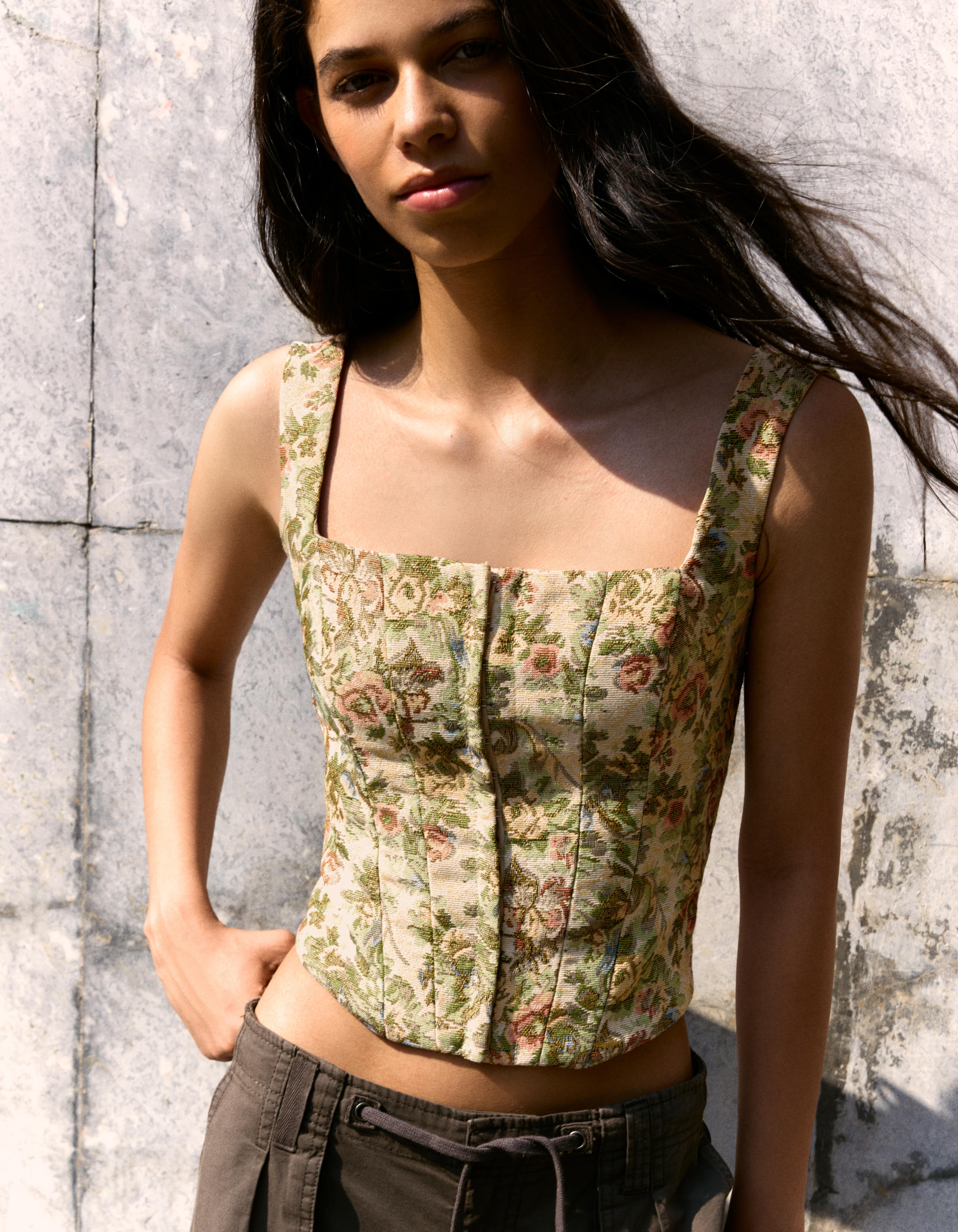 Strappy jacquard corset top — Green