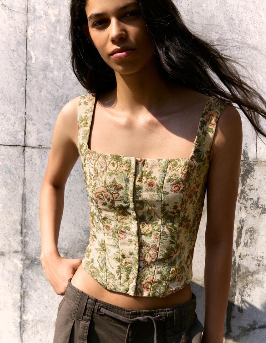 Top con bretelline jacquard stile corsetto-Verde