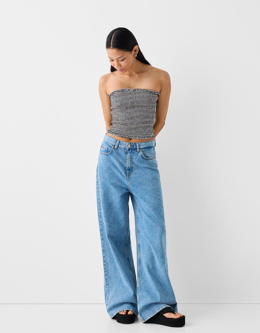 Shirred elastic linen blend top-White / Black-3