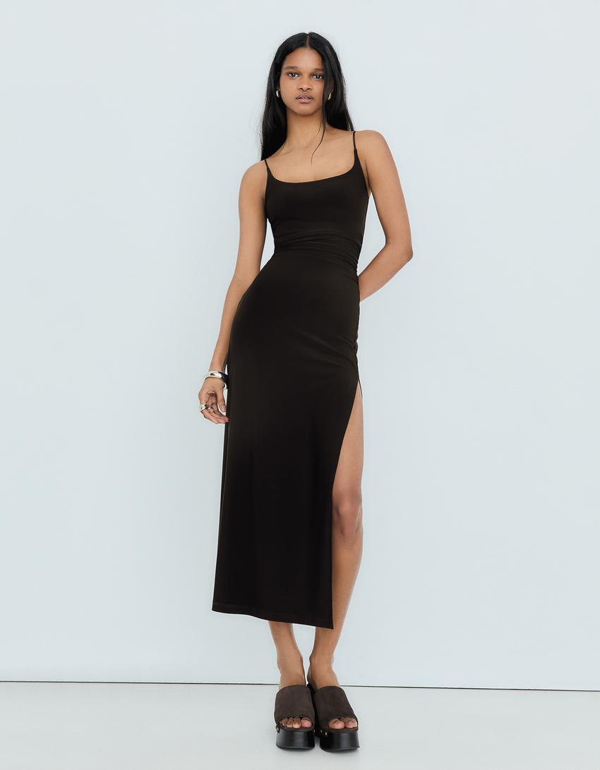 Büzgülü askılı midi elbise-Siyah