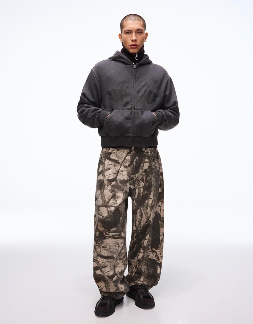 Printed boxy zip-up jacket-Grey