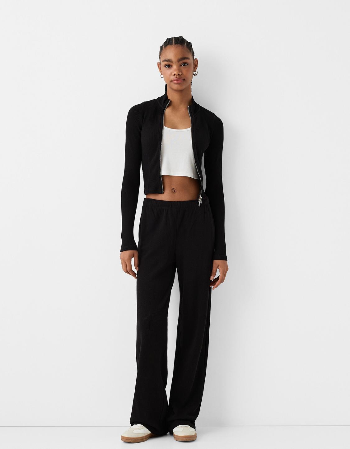 Waffle-knit cardigan and trousers set