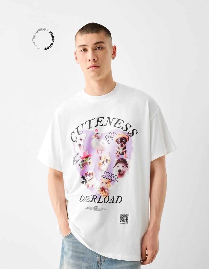 T-shirt Bershka Wearable Art oversize fit com estampado-Gelo-1