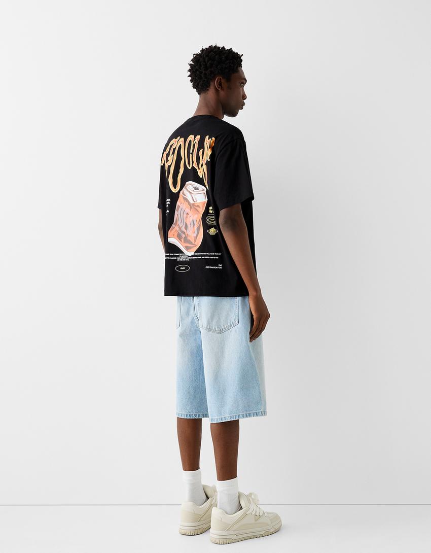 T-shirt manches courtes boxy fit imprimé-Noir-1