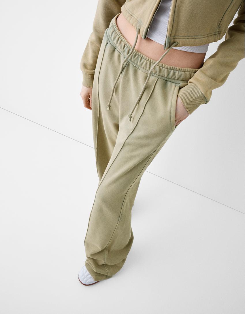 Wide-leg acid faded-effect plush trousers-Khaki-3