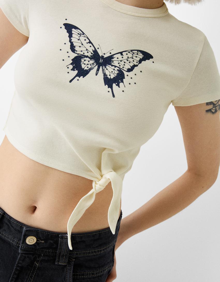 Short sleeve T-shirt with print detail-Off white-3