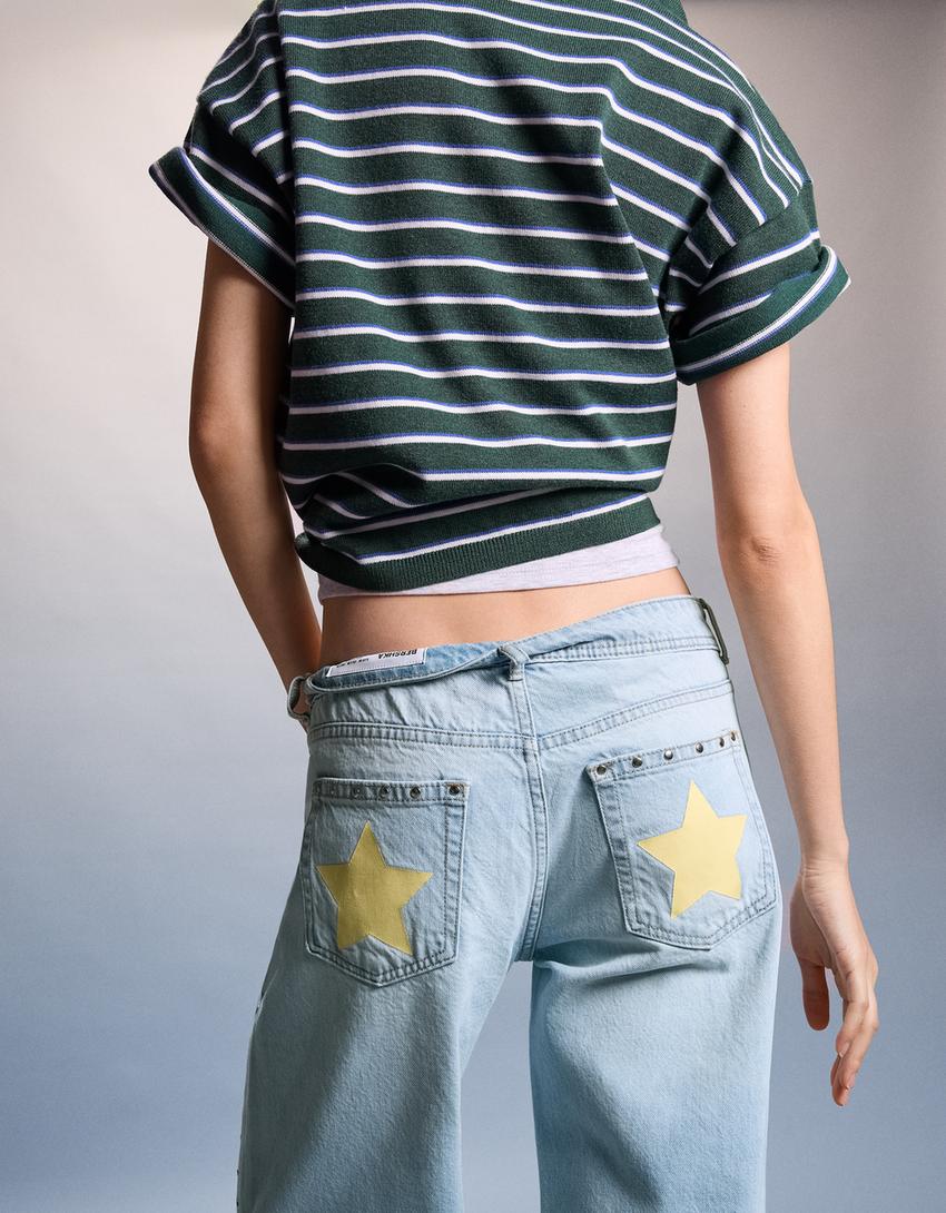 Düşük bel zımbalı baggy fit jean-Açık mavi