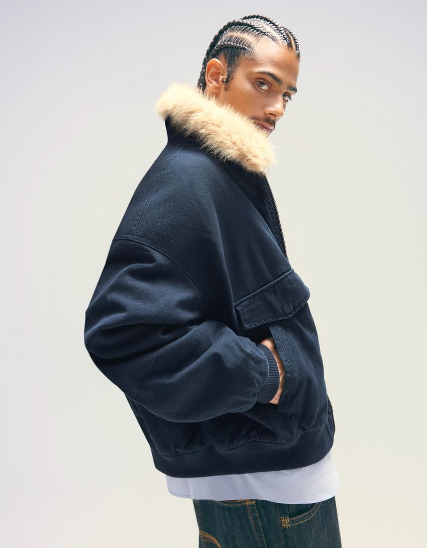 Jacket with faux fur collar-Navy