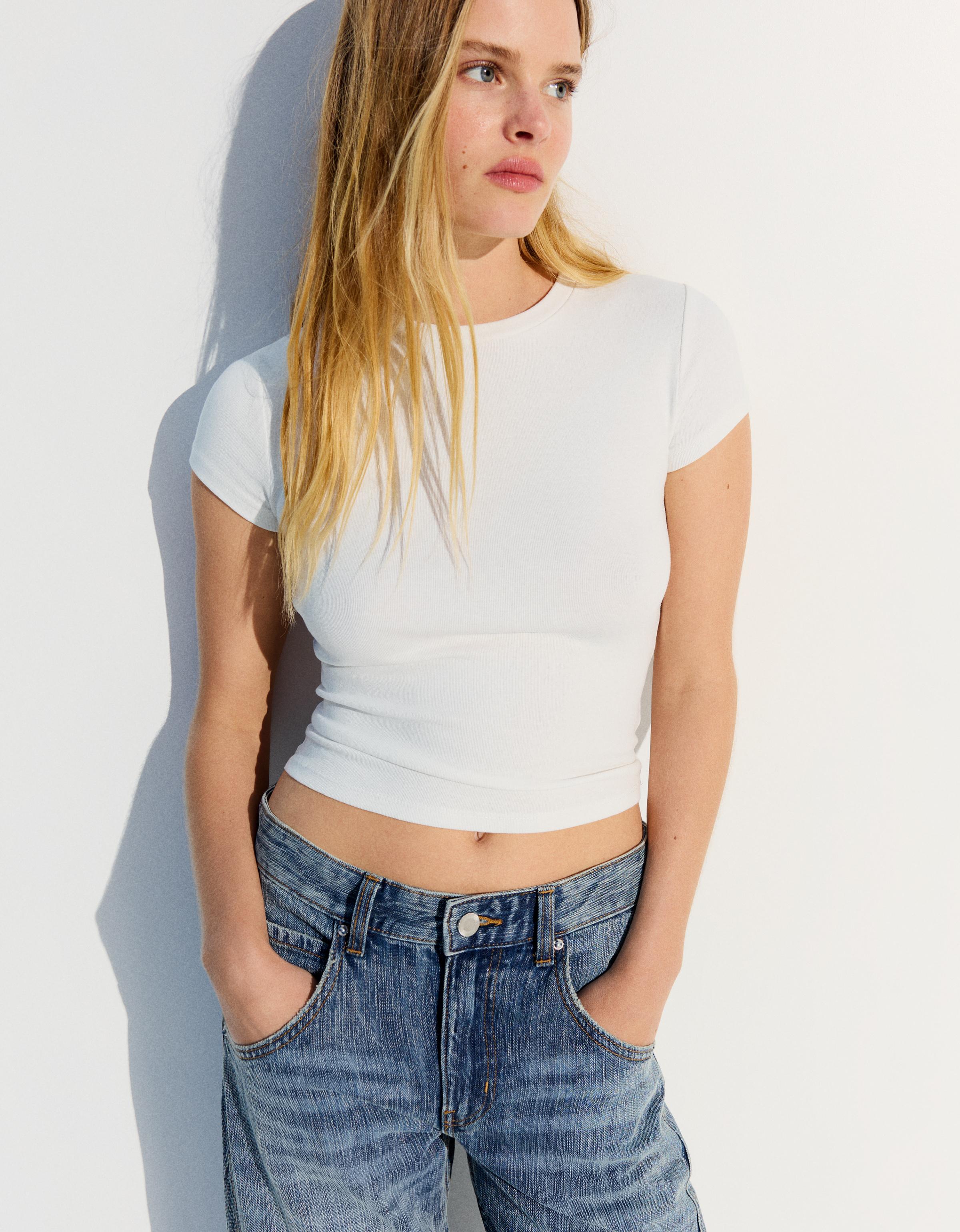 Bershka Camiseta Manga Corta Cuello Redondo Mujer 10-12 Blanco Roto