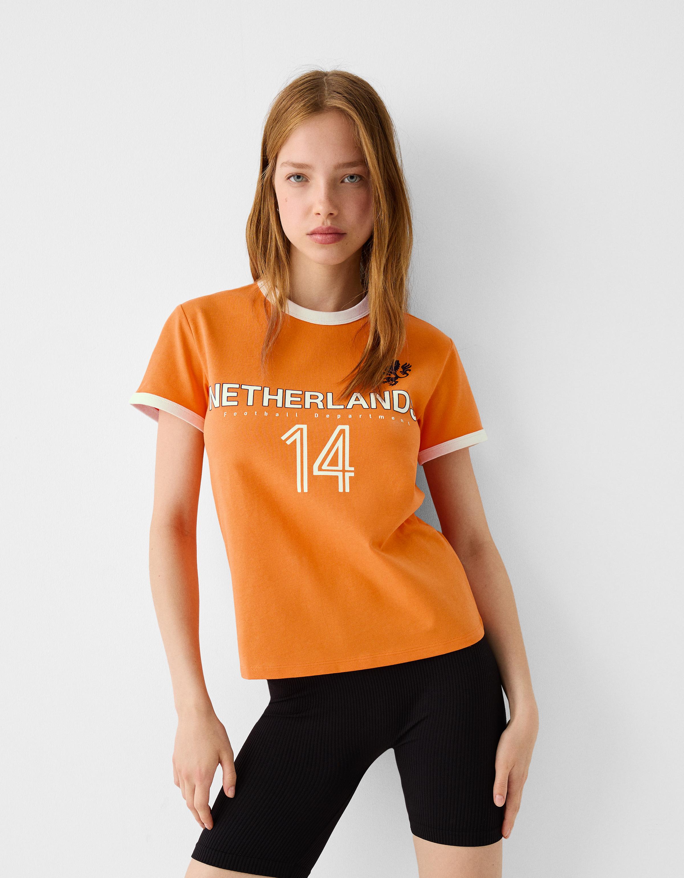 Bershka Sportliches Kurzarm-T-Shirt Mit Kontrasten Damen Xl Orange