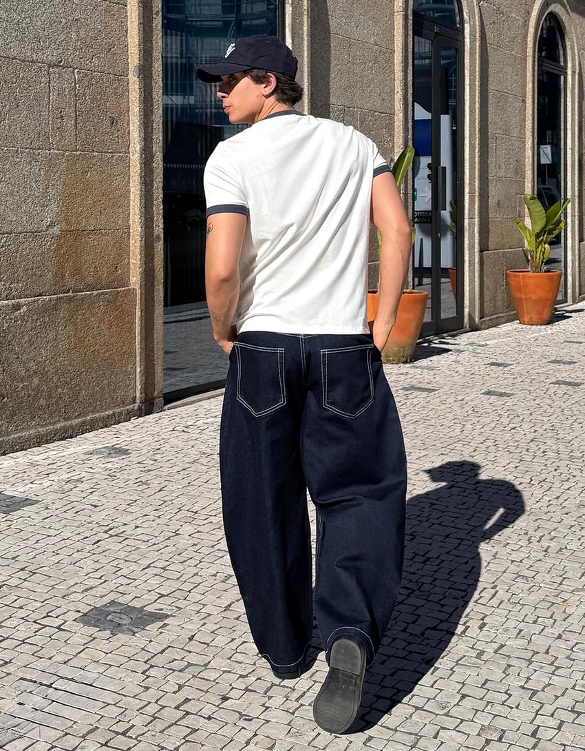 Pleated barrel jeans-Navy