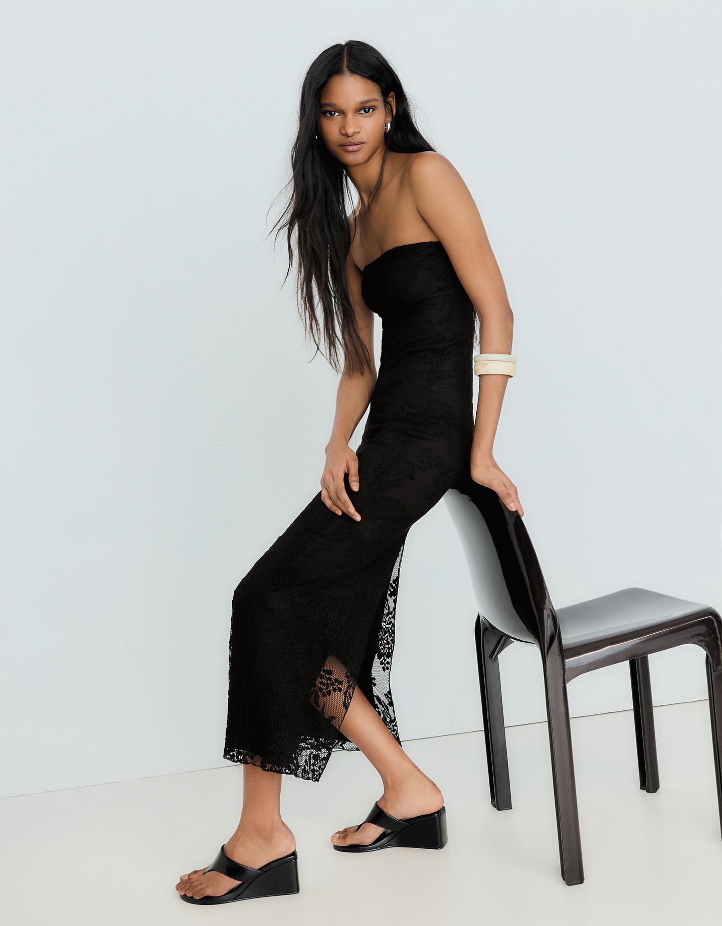 Bershka rustykalna sukienka midi bandeau czarny