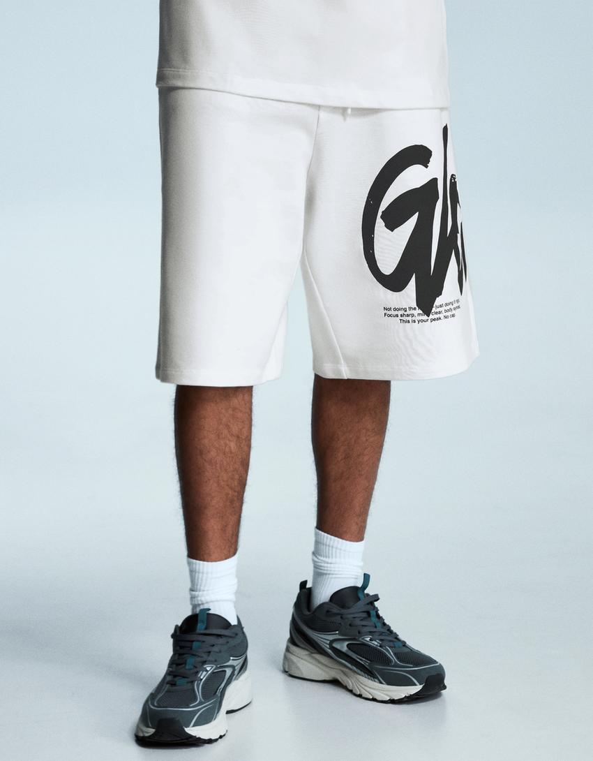 Bermuda felpa print-Blanco