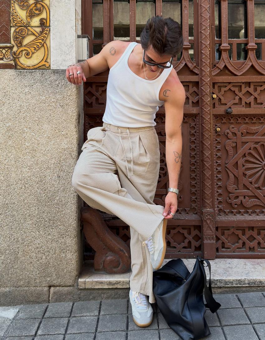 Mega baggy checked trousers-Sand