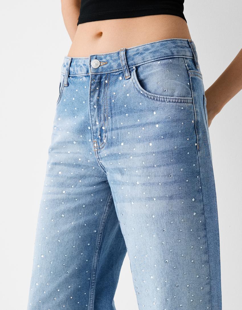 Culotte jeans with rhinestones-Light blue-5