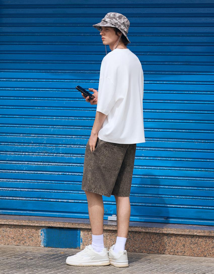 Baggy fit baskılı bermuda-Koyu gri