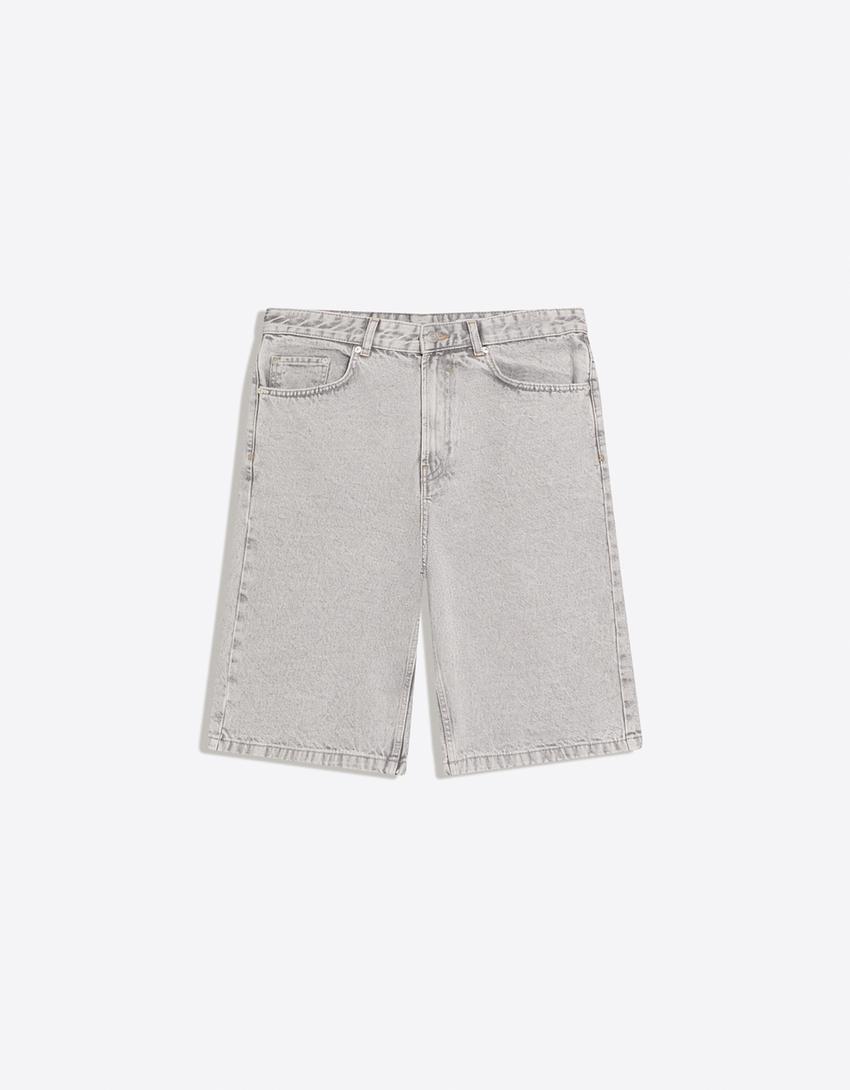 Baggy denim Bermuda shorts-Grey