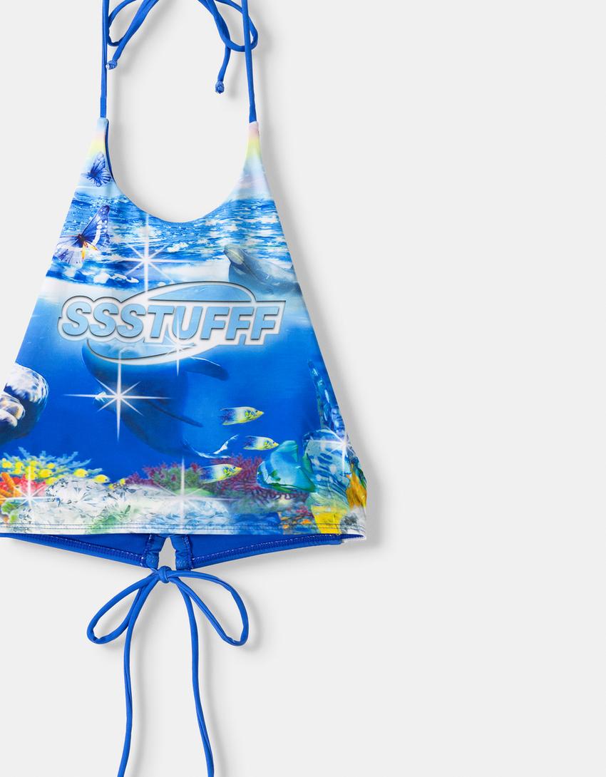 SSSTUFFF x BERSHKA print bikini top-Blue-2