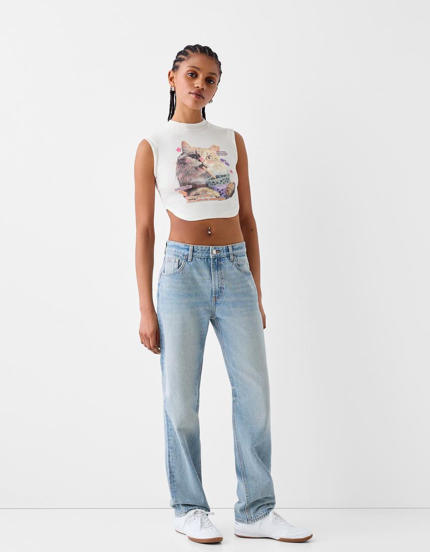 Parlak taşlı kolsuz desenli gömlek-Kirli beyaz-3