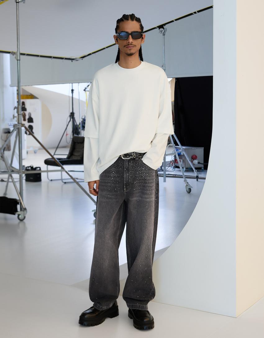 Jeans superbaggy strass filtro digital-Preto