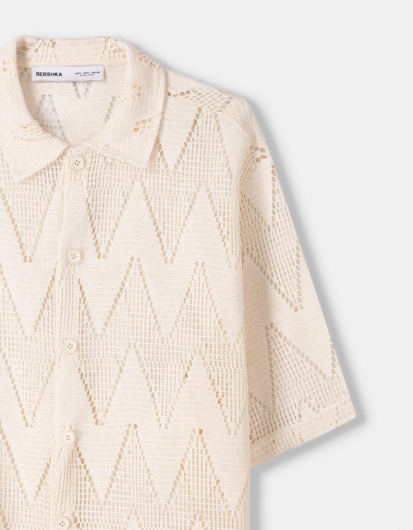 Kısa kollu dokulu gömlek-Kum rengi-2