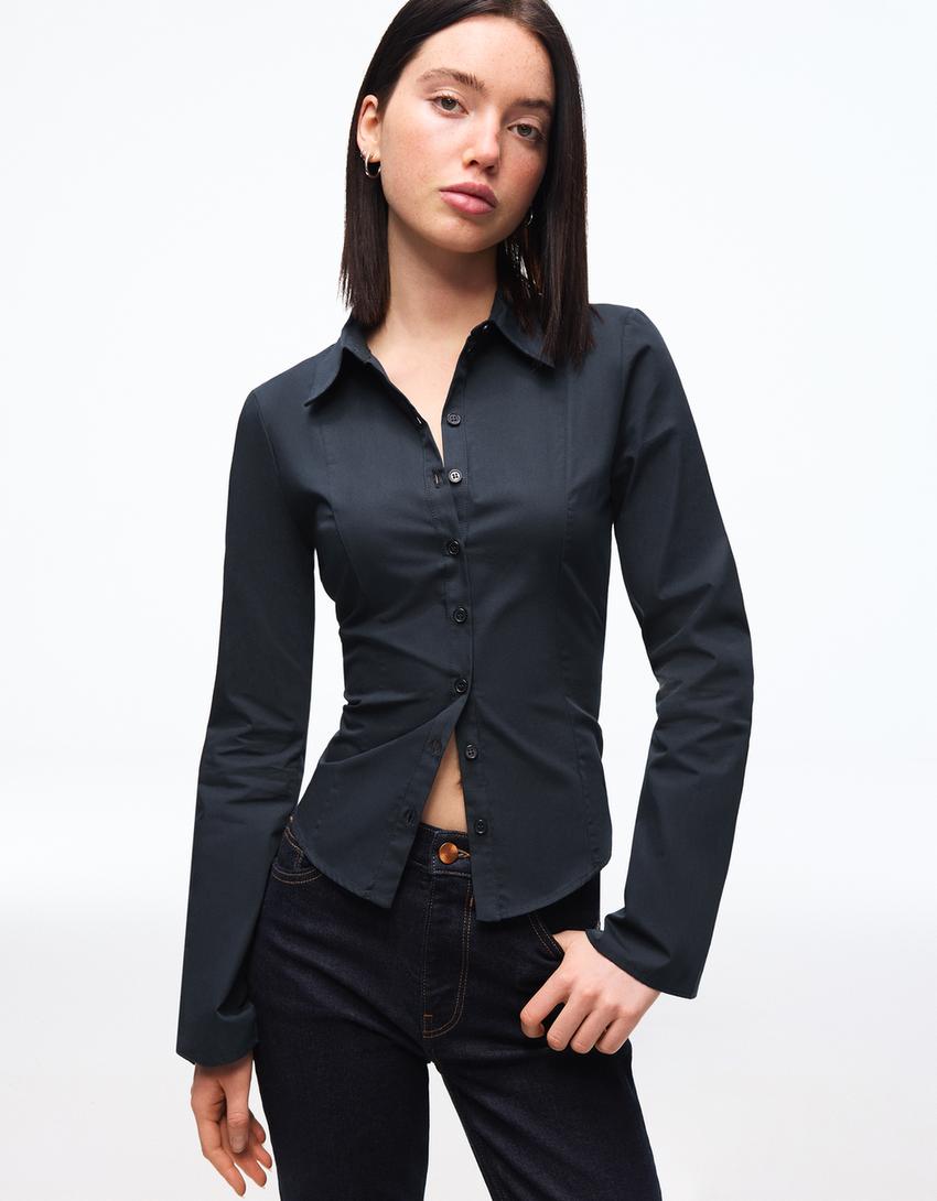 Fitted shirt with flared sleeves-Navy