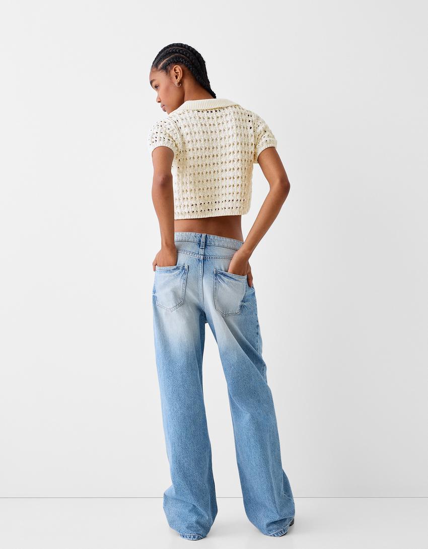 قميص ريفي بغرزة مخرمة وأكمام قصيرة-كريمي-1