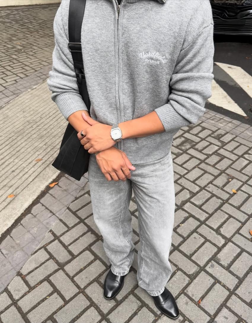 Jeans super baggy fit brodé-Gris