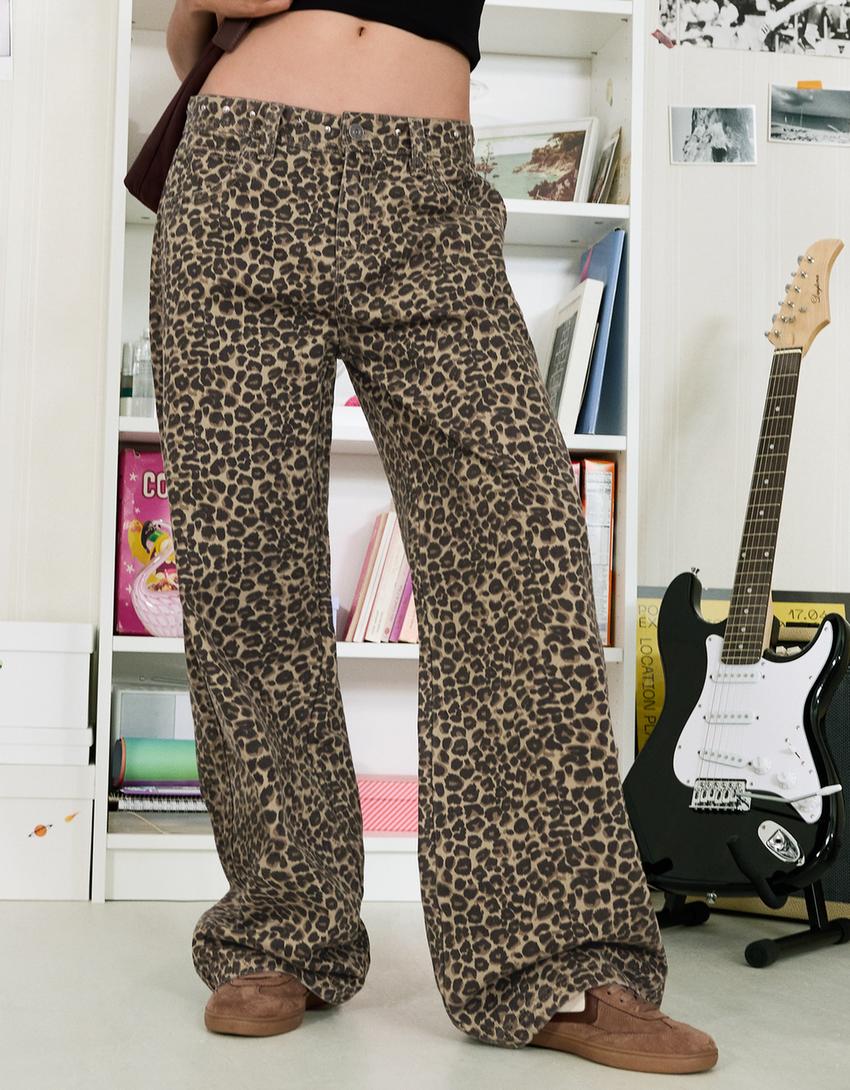 Pantalon straight fit à clous imprimé animal-Marron