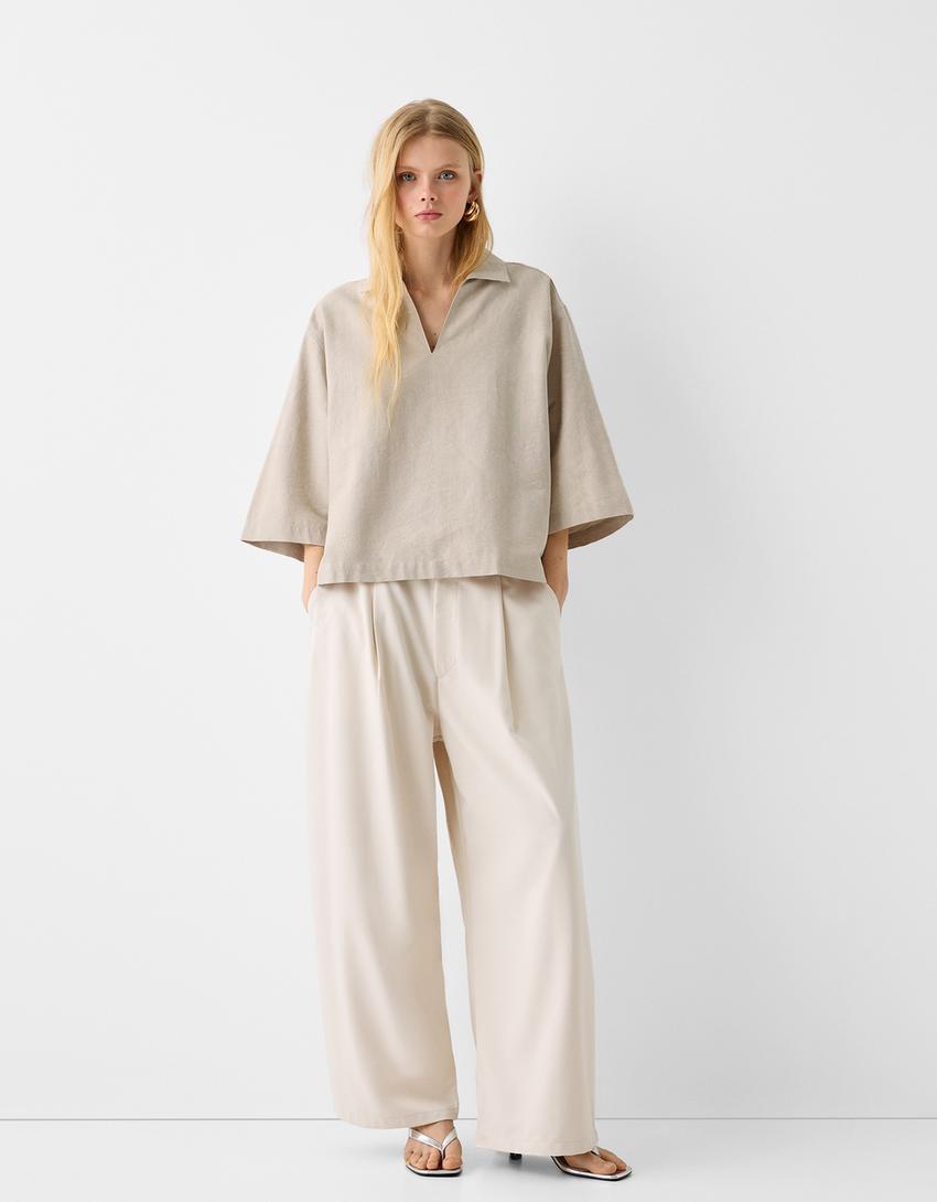 Camisa manga 3/4 gola de polo-Areia-3