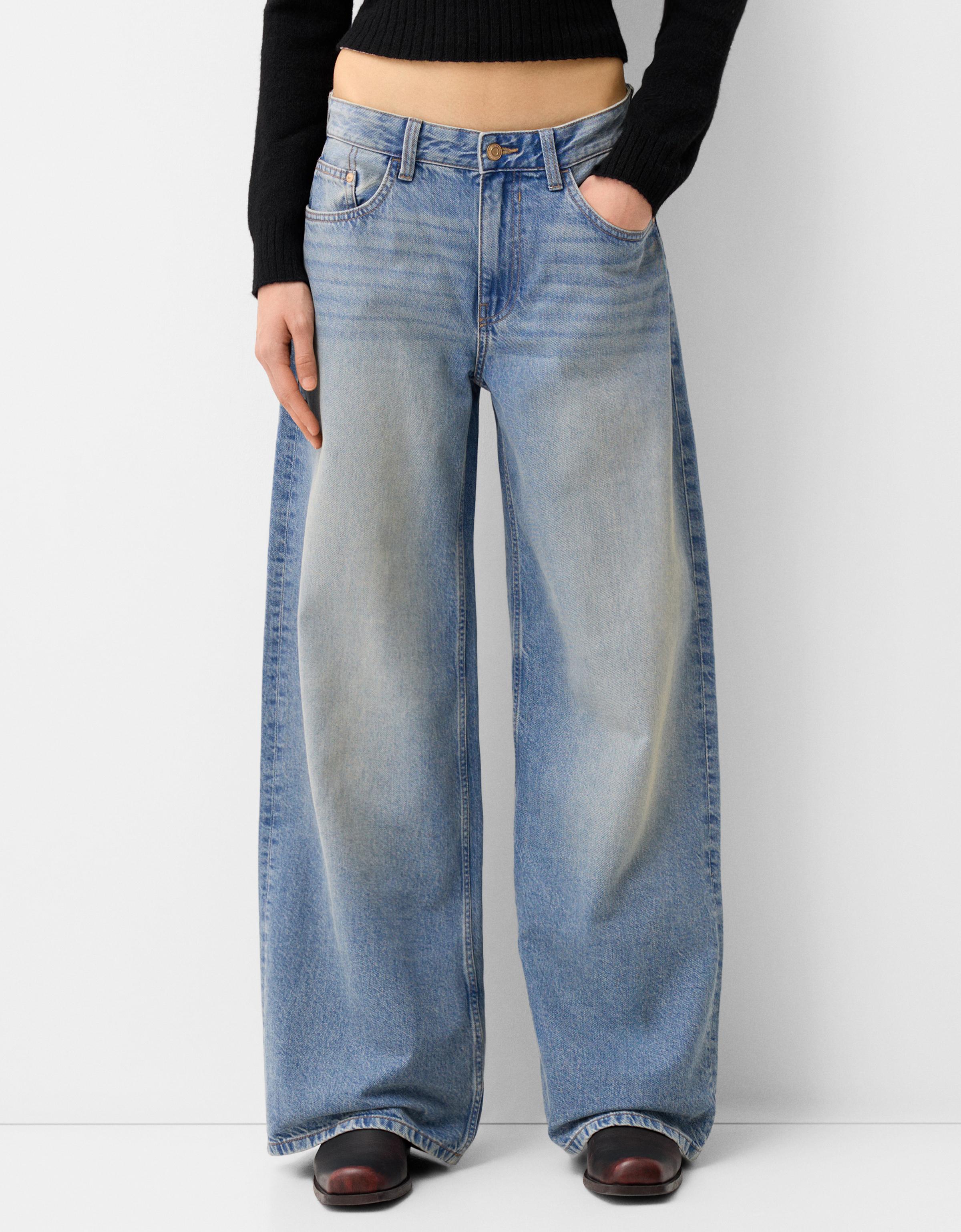 Bershka Wide-Leg-Jeans Damen 42 Ausgewaschenes Blau