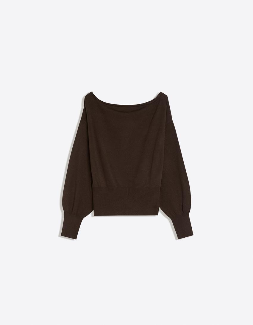 Asymmetric neck sweater-Brown