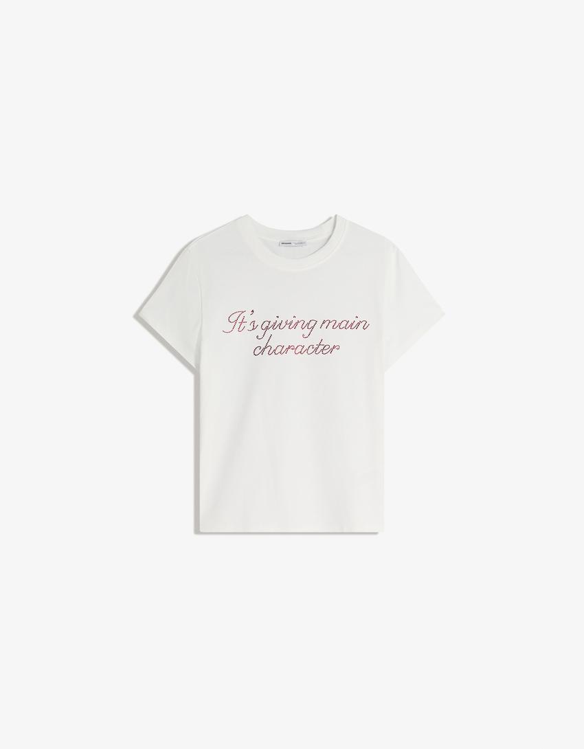 T-shirt à manches courtes imprimé strass-Blanc cassé